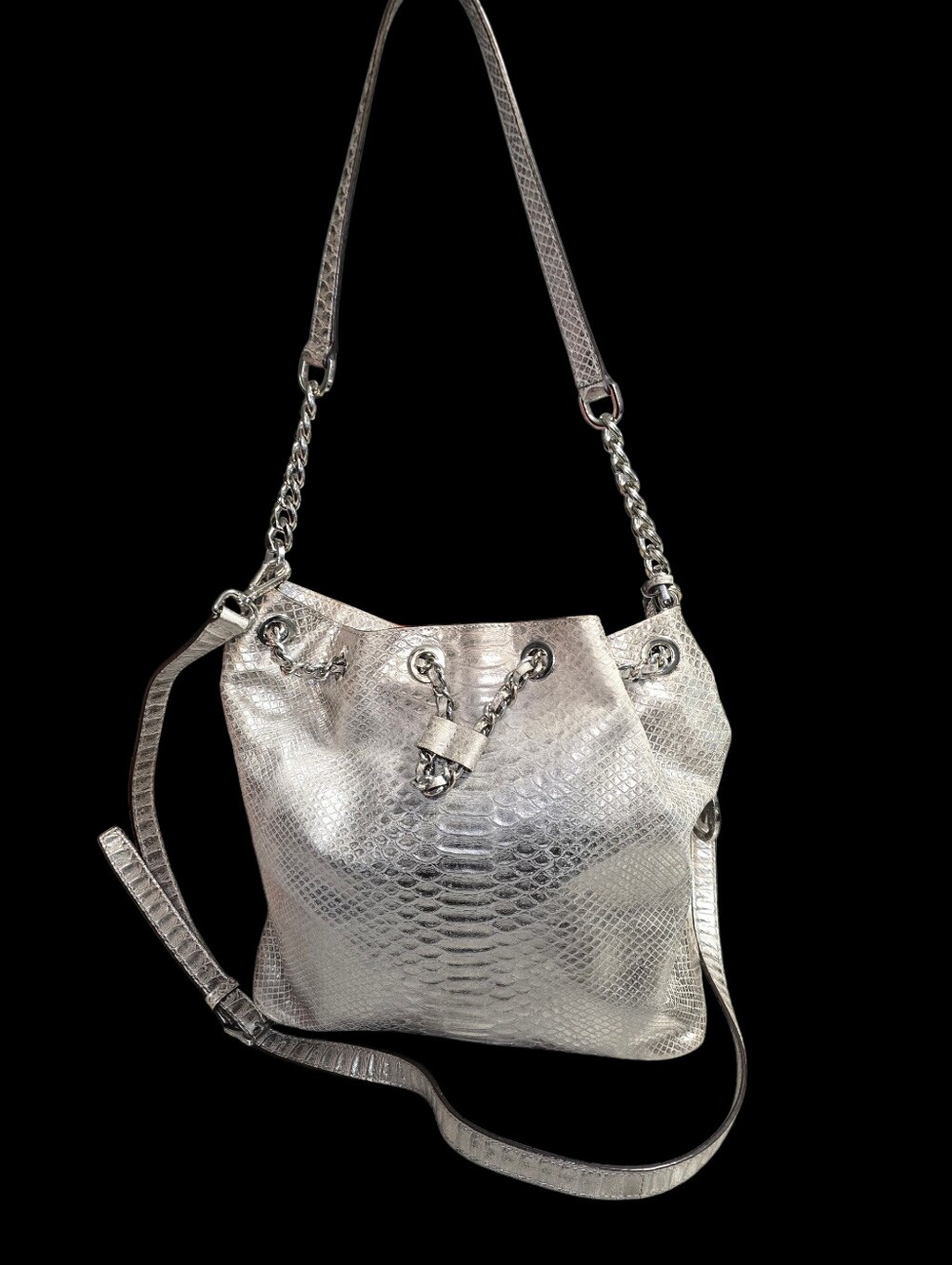 MICHAEL KORS Frankie Silver Metallic Leather Crocodile-Embossed Drawstring Bag
